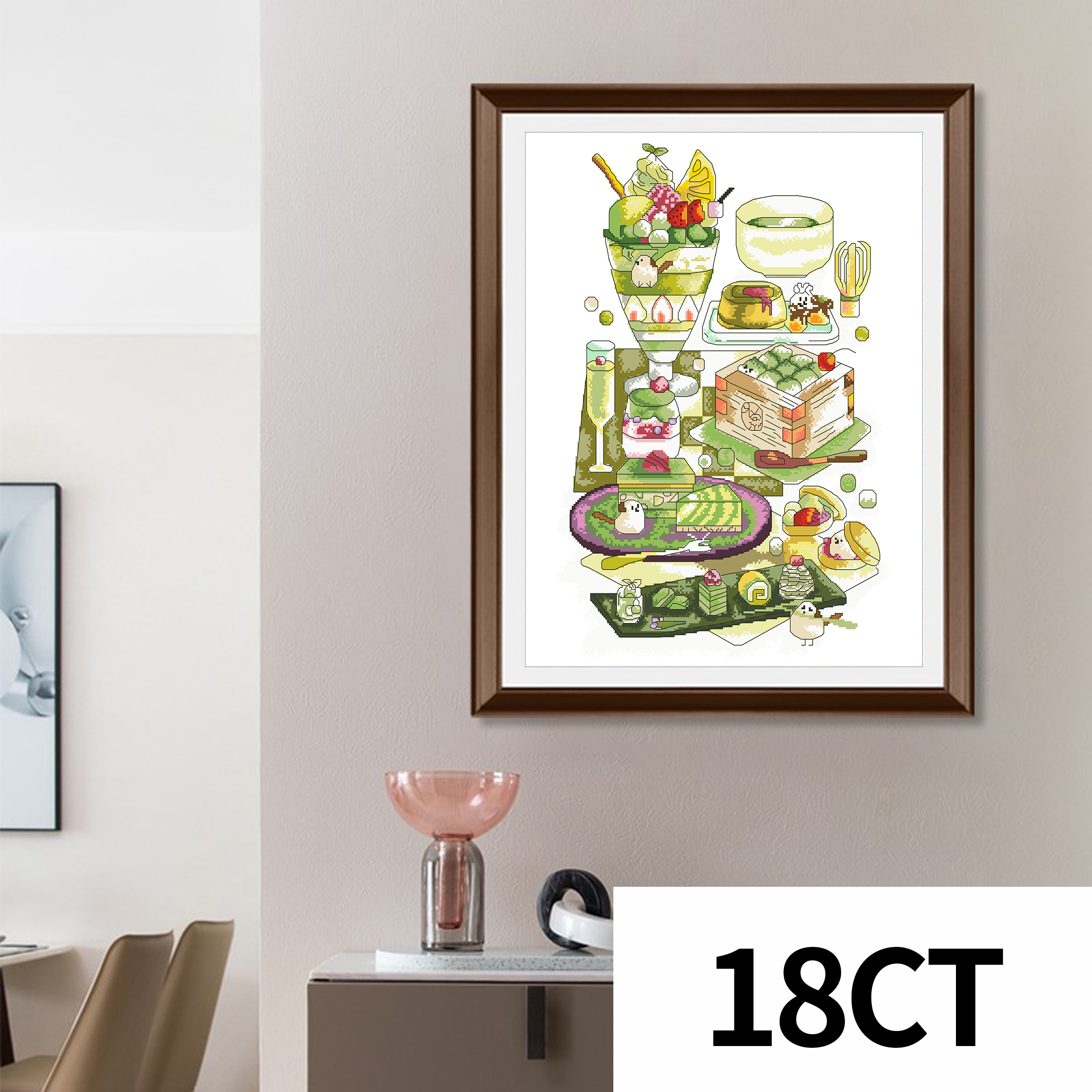 Calmhoop Cross Stitch Kit – Matcha Dessert | 38×30cm, 33 Colors
