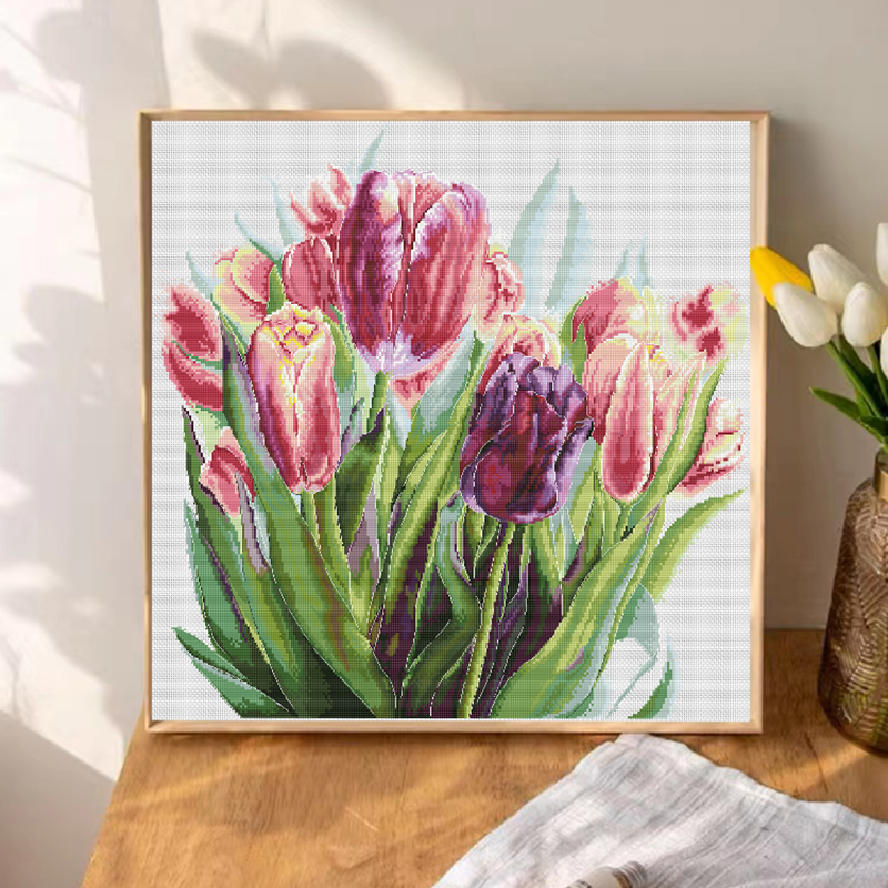 Calmhoop Cross Stitch Kit – Watercolor Tulips | 71x67cm, 61 Thread Colors