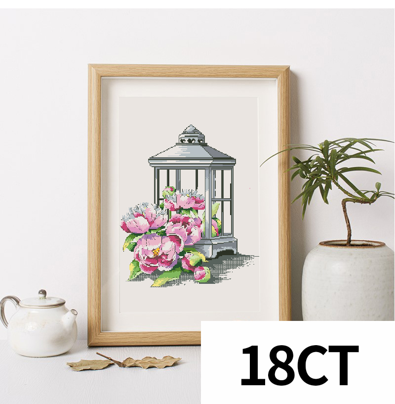 Calmhoop Cross Stitch Kit – Lantern Peony | 35x25cm HD Printed, 20 Color Threads