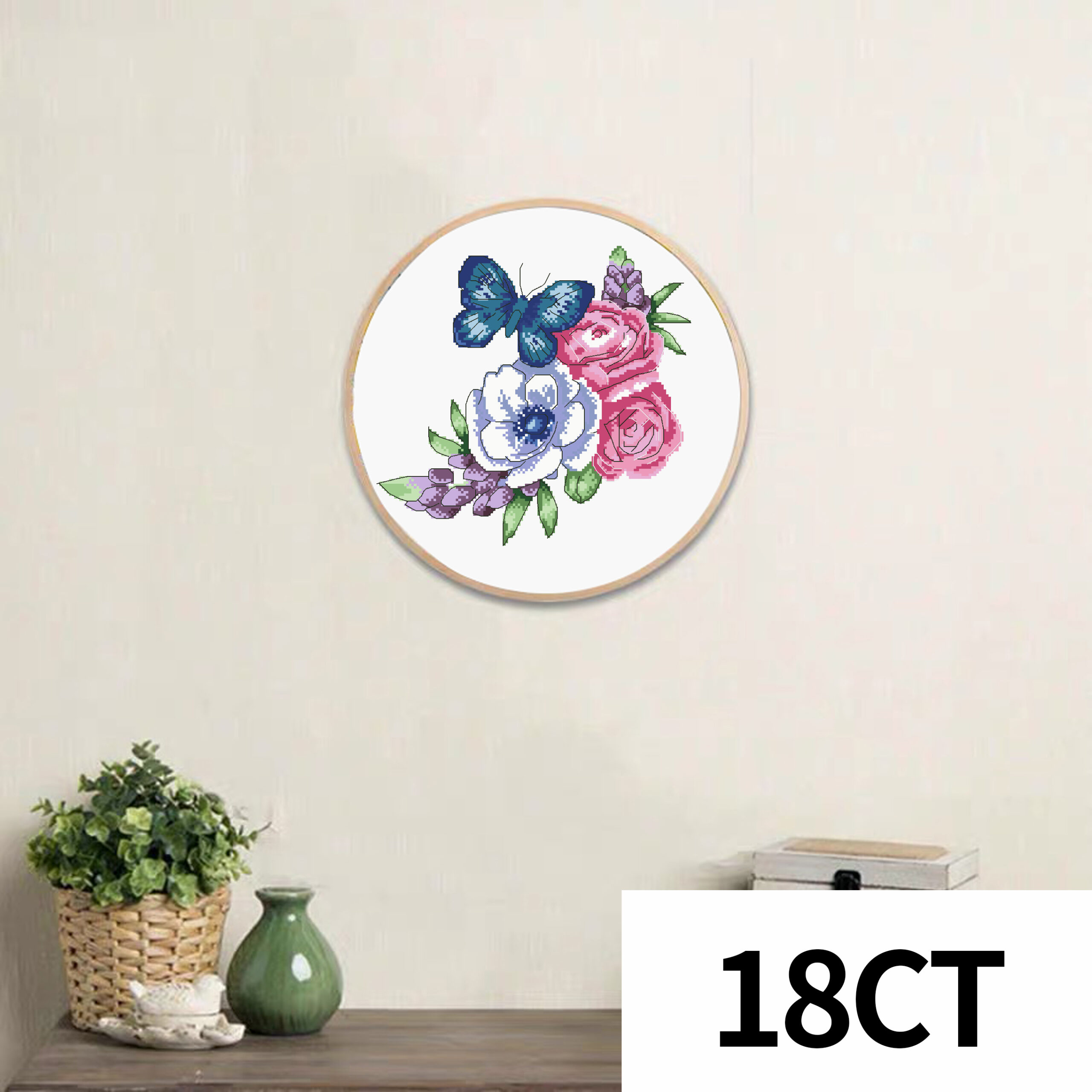 Calmhoop Butterfly & Flower Cross Stitch Kit, 25×25cm, 18 Colors, HD Canvas