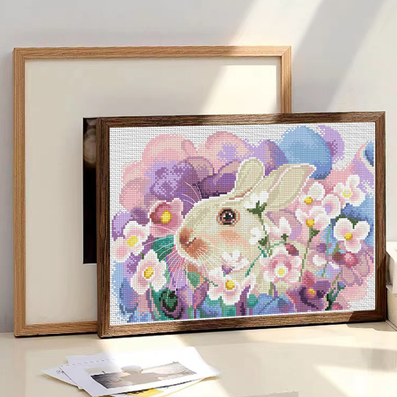 Calmhoop Floral Bunny Cross Stitch Kit, 48×37cm, 45 Colors, Printed Canvas