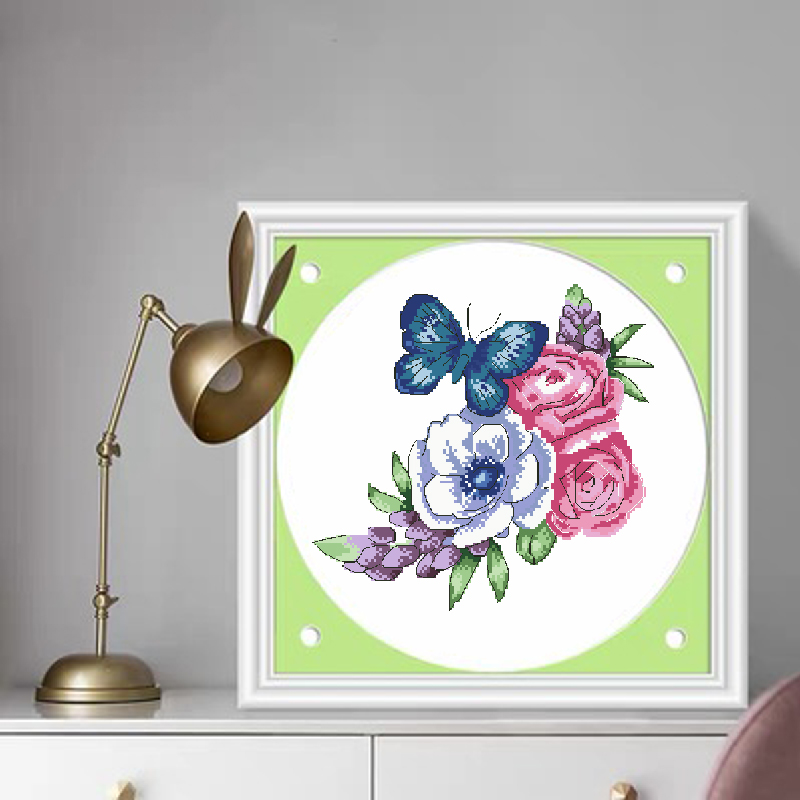Calmhoop Butterfly & Flower Cross Stitch Kit, 25×25cm, 18 Colors, HD Canvas