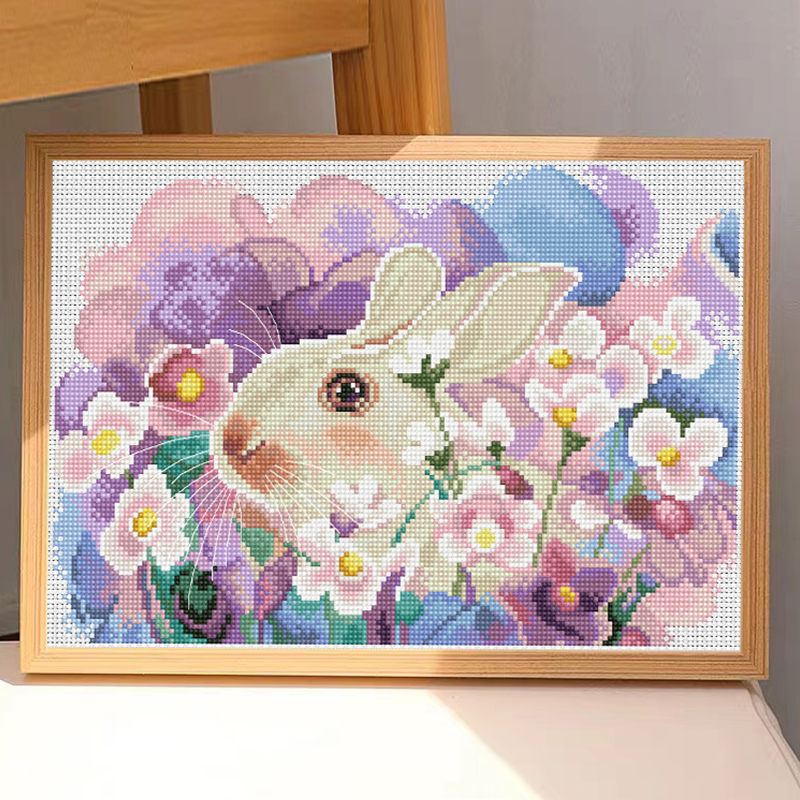 Calmhoop Floral Bunny Cross Stitch Kit, 48×37cm, 45 Colors, Printed Canvas
