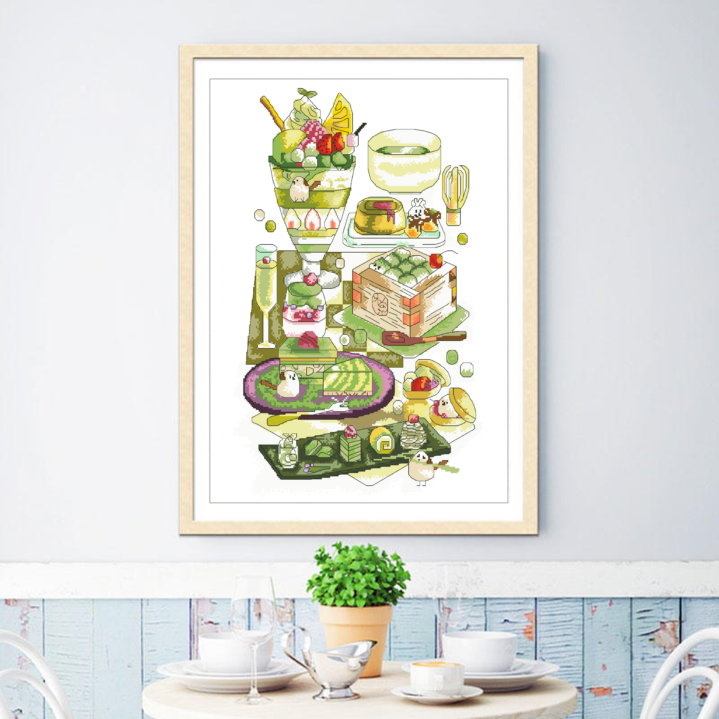 Calmhoop Cross Stitch Kit – Matcha Dessert | 38×30cm, 33 Colors