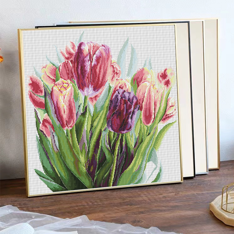 Calmhoop Cross Stitch Kit – Watercolor Tulips | 71x67cm, 61 Thread Colors
