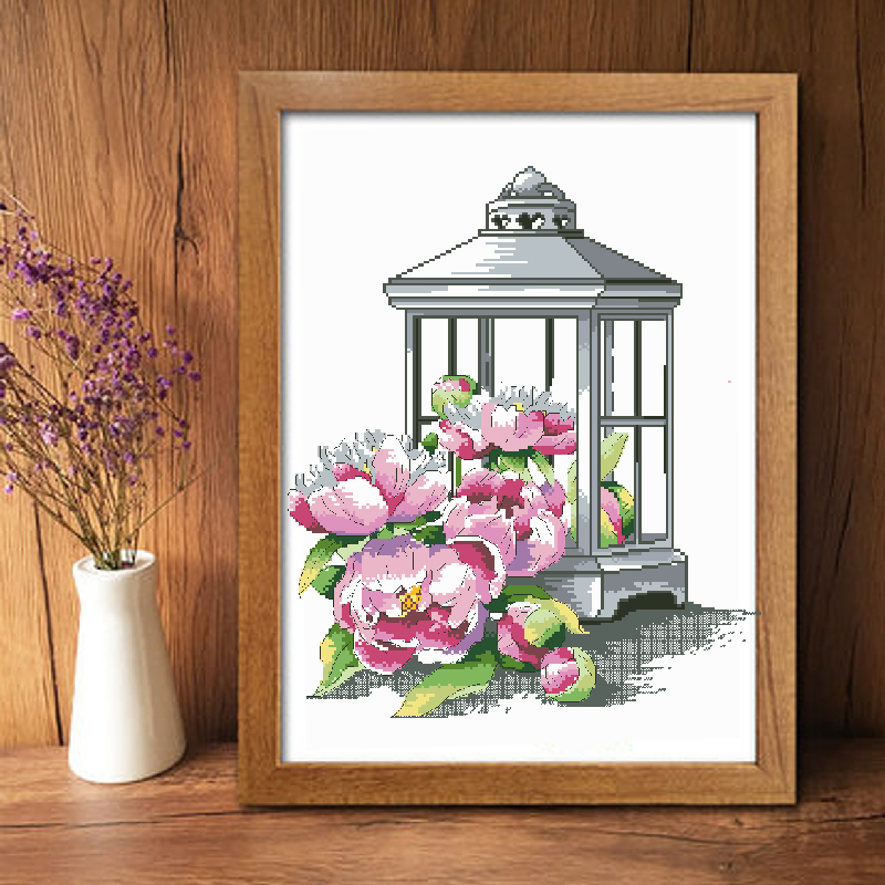 Calmhoop Cross Stitch Kit – Lantern Peony | 35x25cm HD Printed, 20 Color Threads