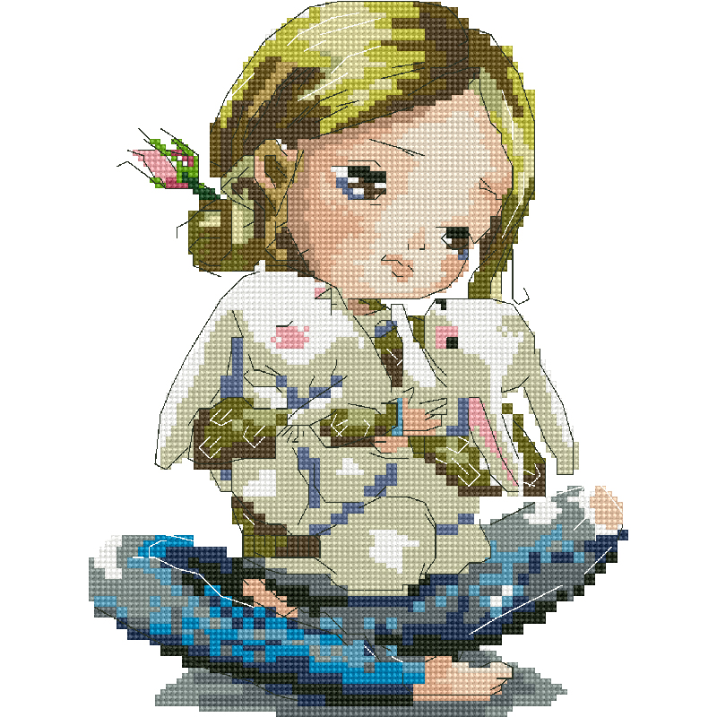 Calmhoop Cross Stitch Kit · Girl Hugging a Bunny | Compact & Delicate · HD Printed
