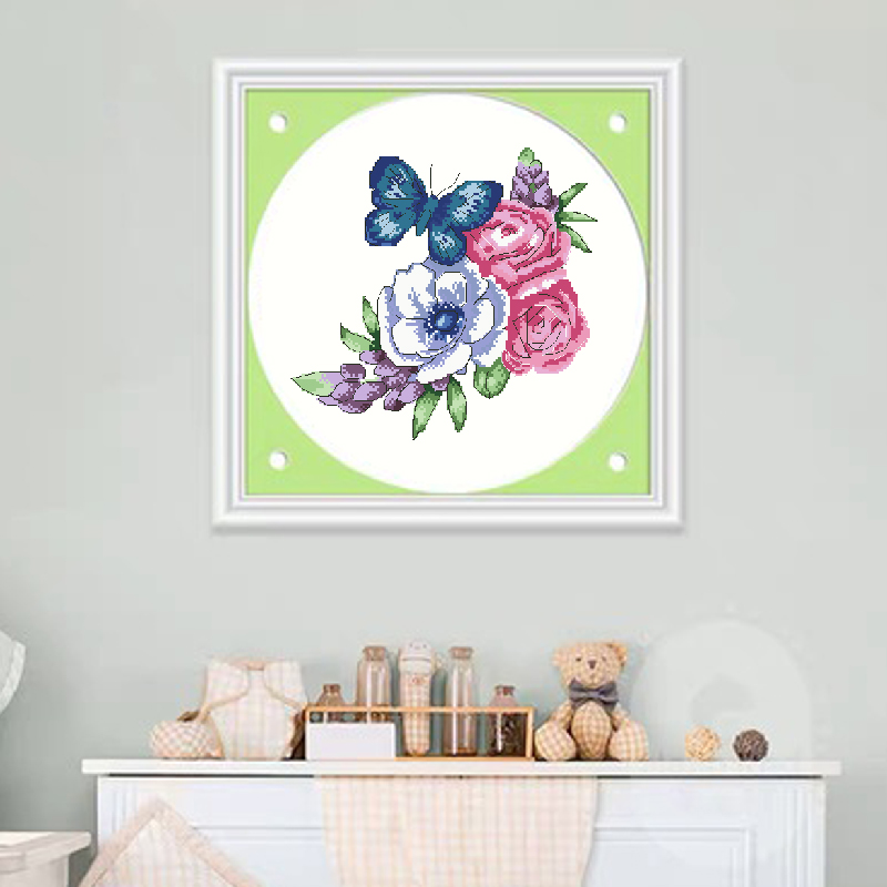 Calmhoop Butterfly & Flower Cross Stitch Kit, 25×25cm, 18 Colors, HD Canvas