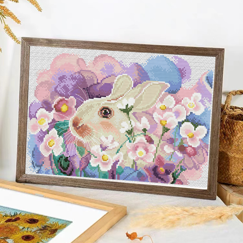 Calmhoop Floral Bunny Cross Stitch Kit, 48×37cm, 45 Colors, Printed Canvas
