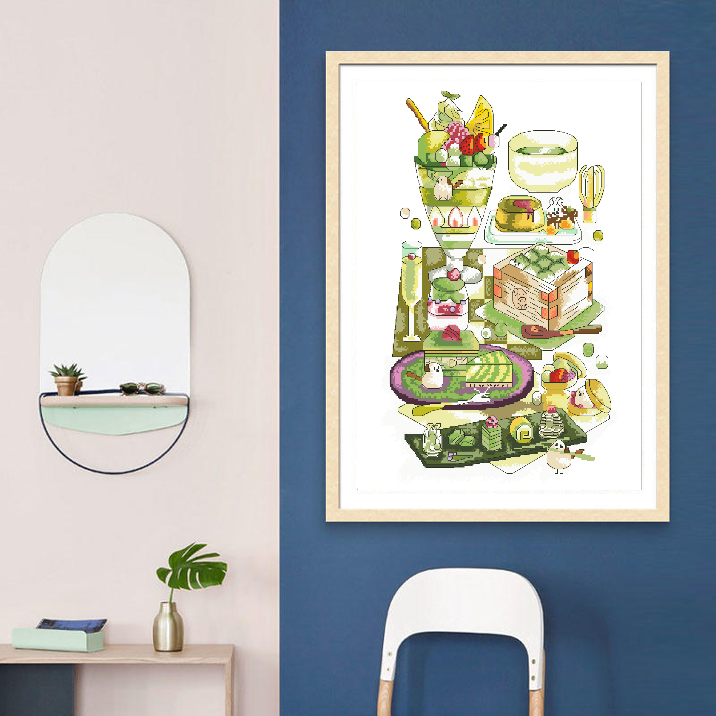Calmhoop Cross Stitch Kit – Matcha Dessert | 38×30cm, 33 Colors