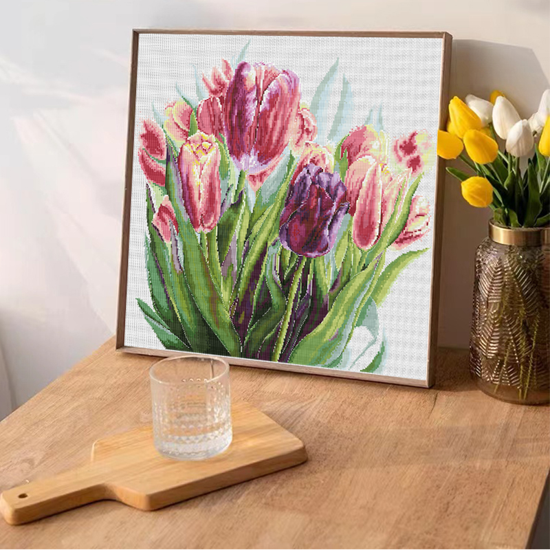 Calmhoop Cross Stitch Kit – Watercolor Tulips | 71x67cm, 61 Thread Colors