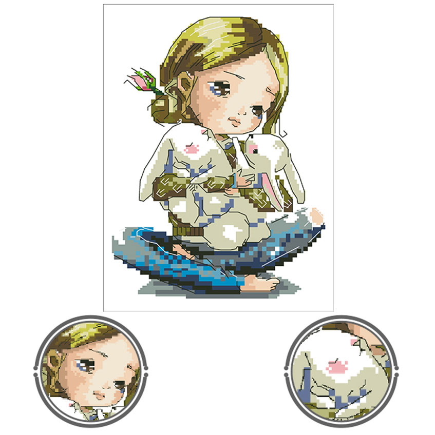 Calmhoop Cross Stitch Kit · Girl Hugging a Bunny | Compact & Delicate · HD Printed
