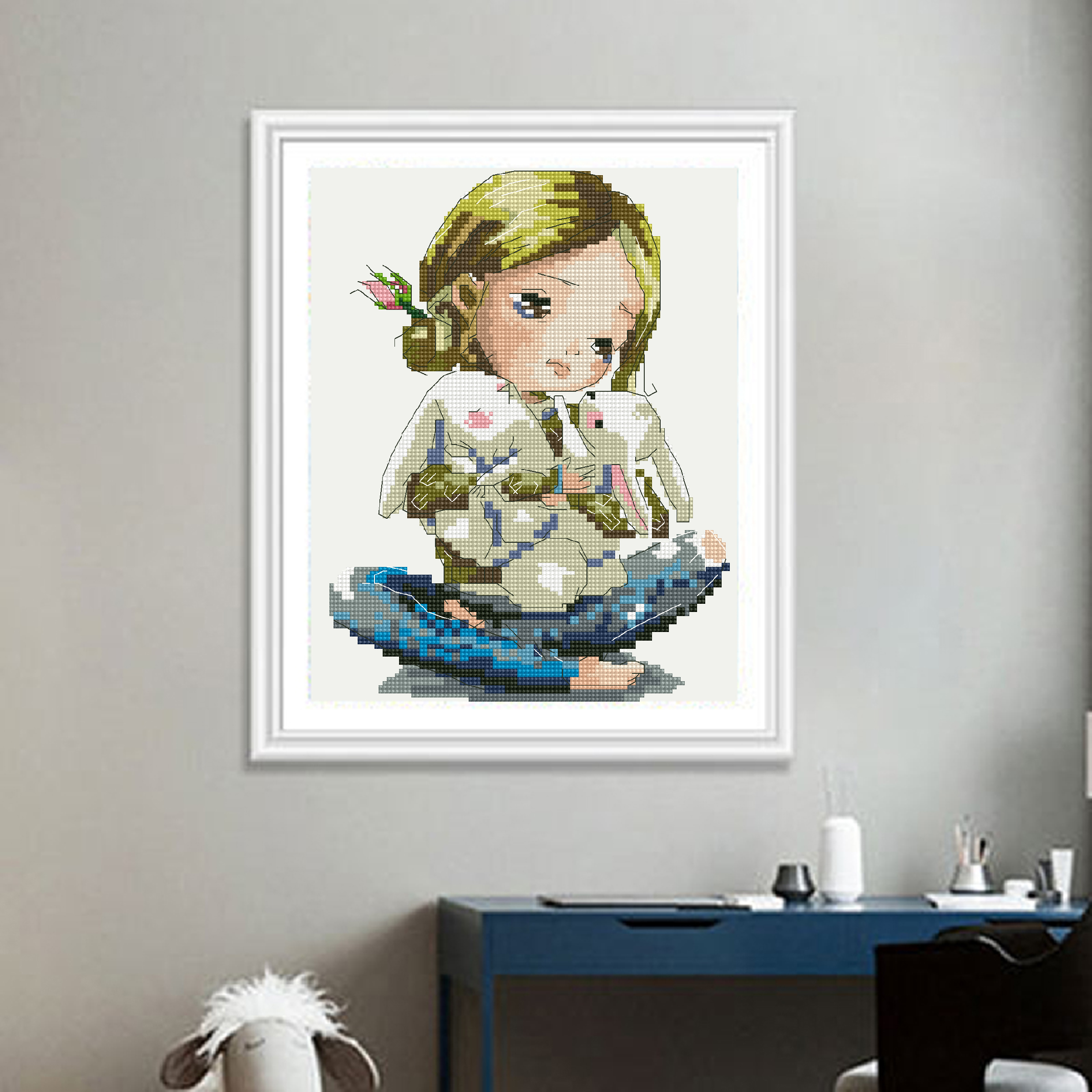 Calmhoop Cross Stitch Kit · Girl Hugging a Bunny | Compact & Delicate · HD Printed