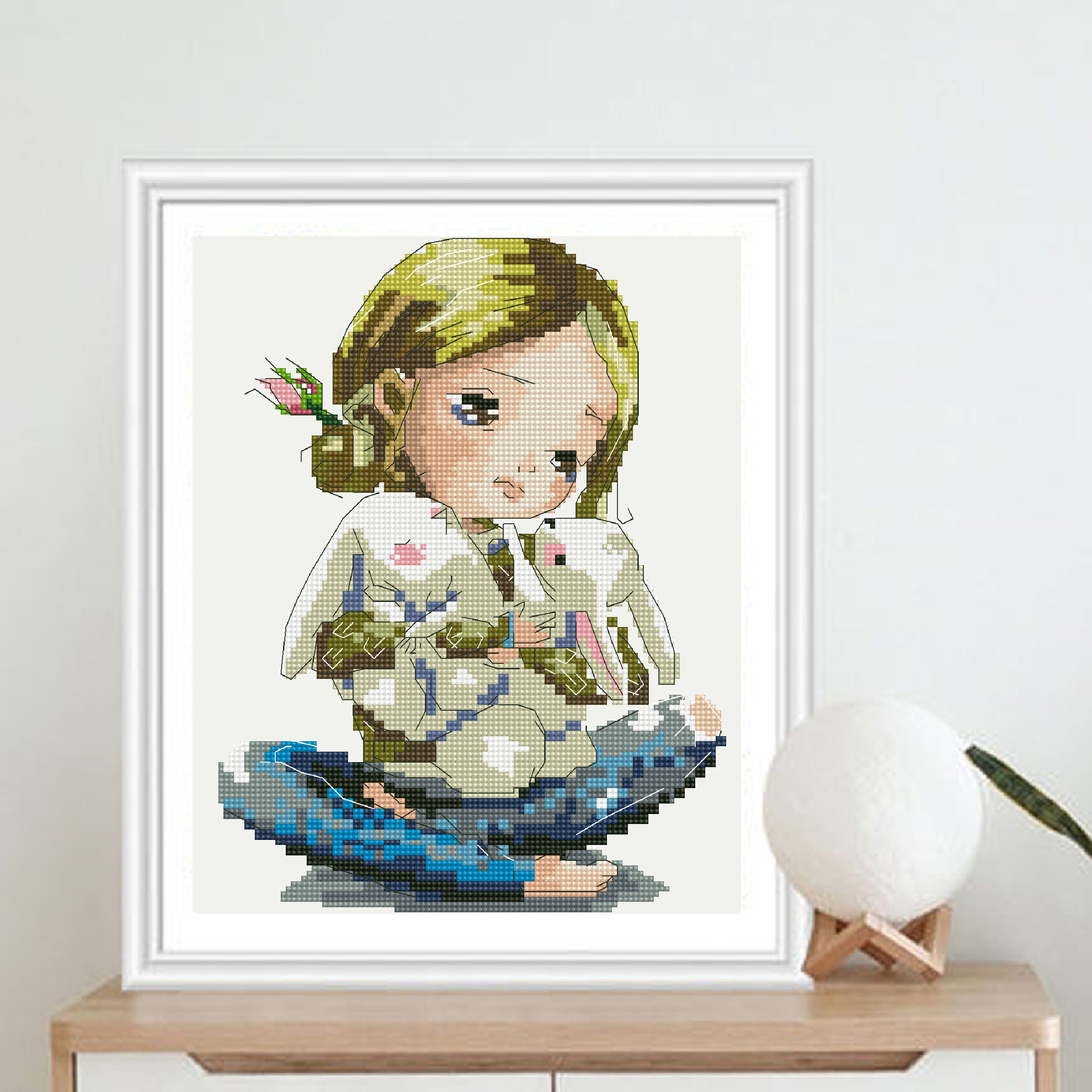 Calmhoop Cross Stitch Kit · Girl Hugging a Bunny | Compact & Delicate · HD Printed