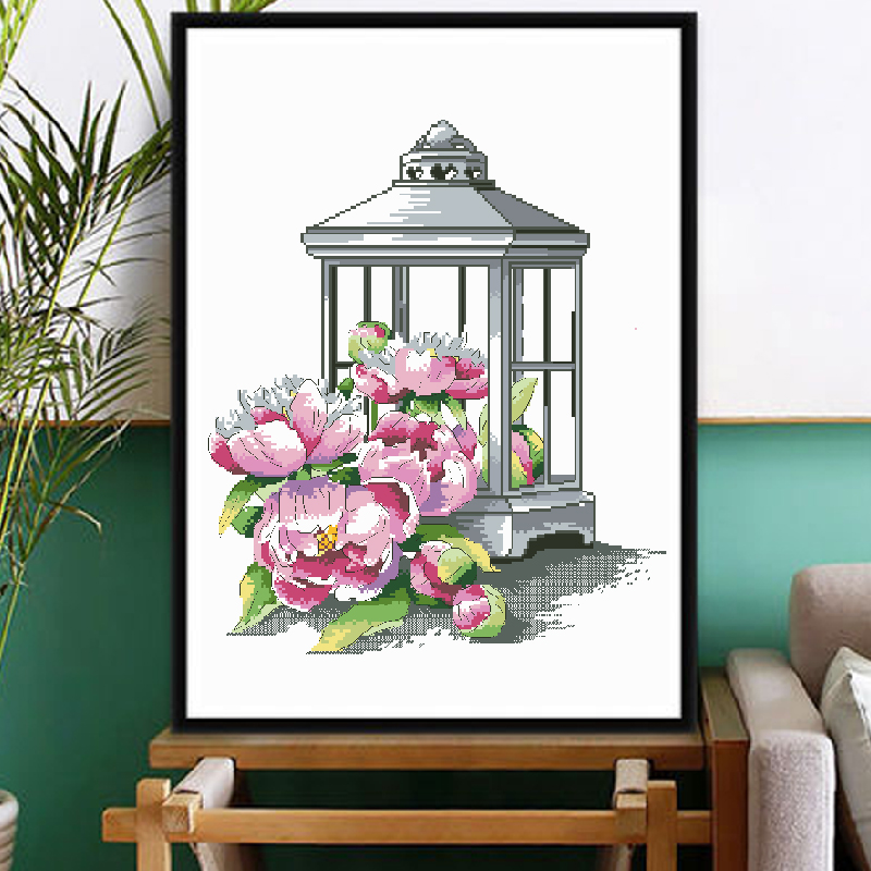 Calmhoop Cross Stitch Kit – Lantern Peony | 35x25cm HD Printed, 20 Color Threads