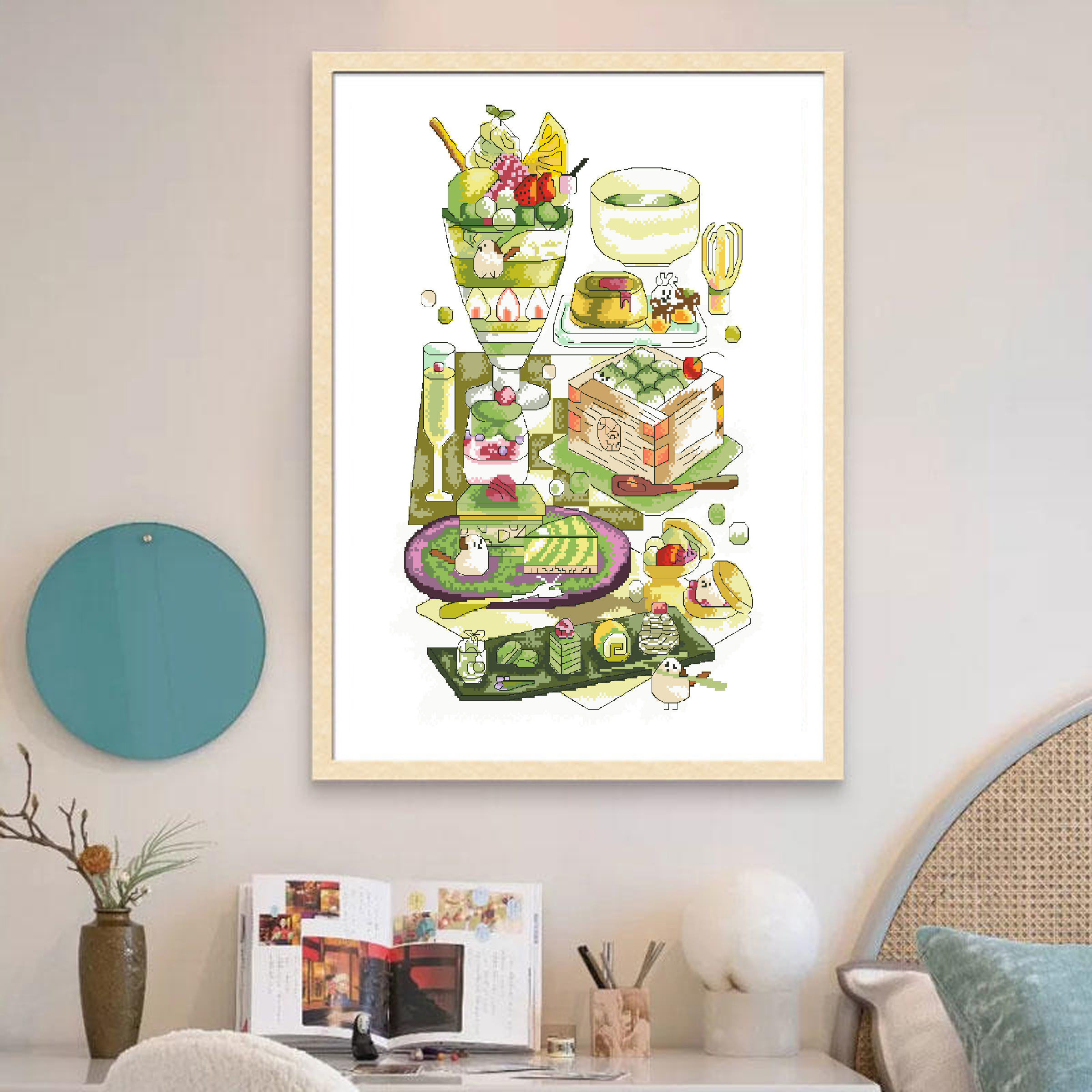 Calmhoop Cross Stitch Kit – Matcha Dessert | 38×30cm, 33 Colors