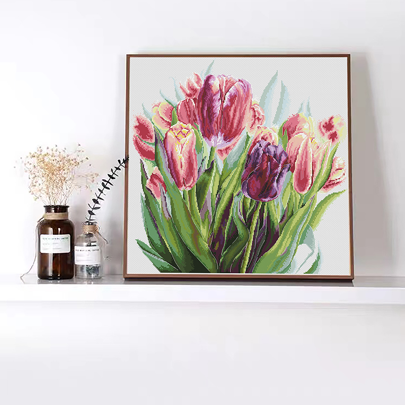 Calmhoop Cross Stitch Kit – Watercolor Tulips | 71x67cm, 61 Thread Colors