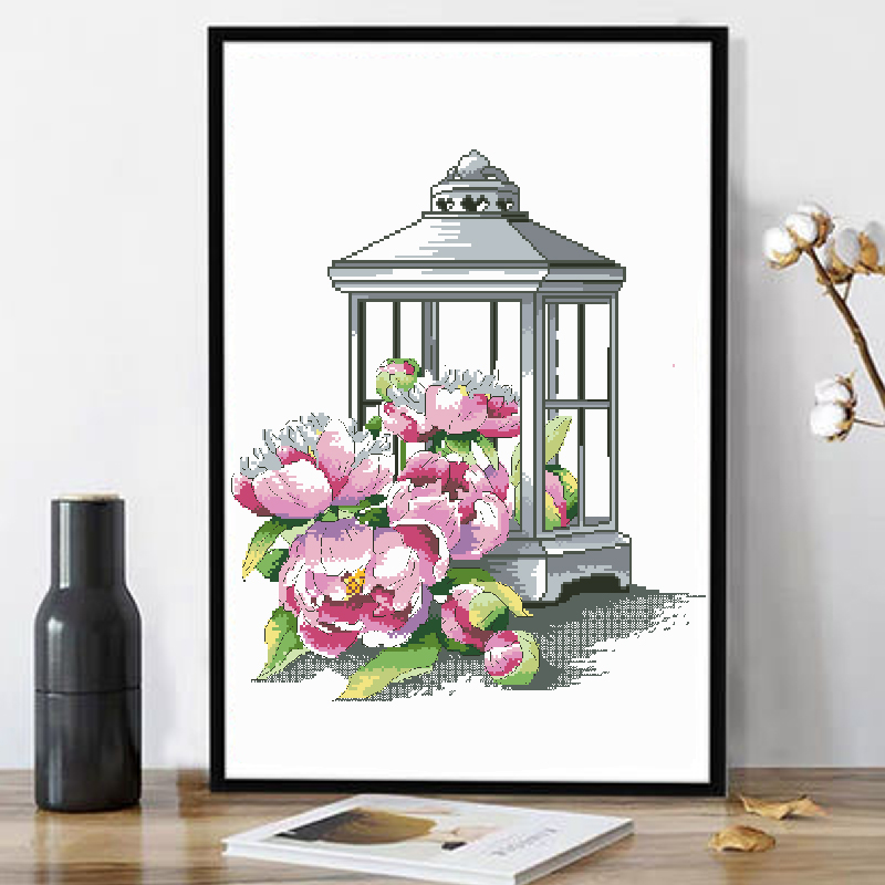 Calmhoop Cross Stitch Kit – Lantern Peony | 35x25cm HD Printed, 20 Color Threads