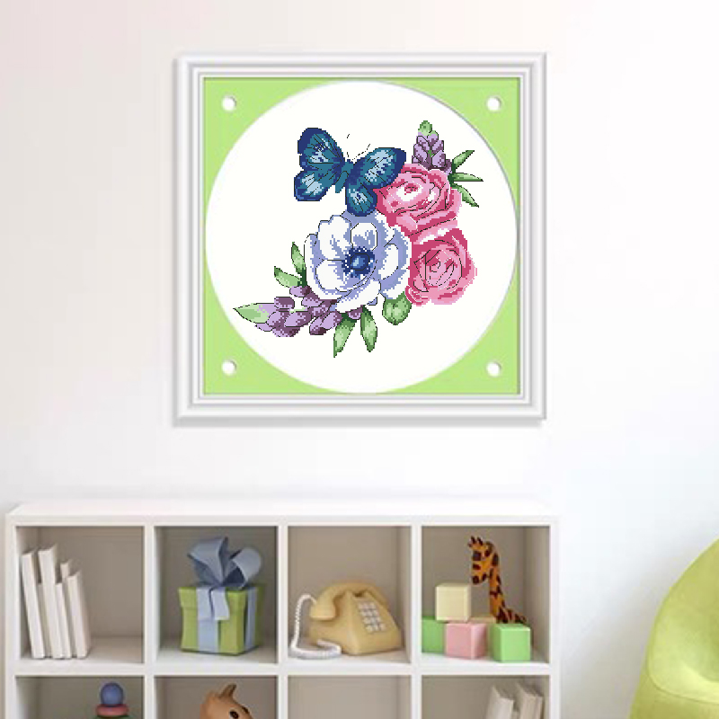 Calmhoop Butterfly & Flower Cross Stitch Kit, 25×25cm, 18 Colors, HD Canvas