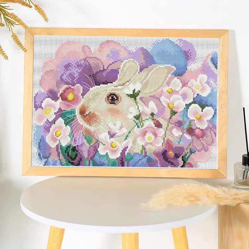 Calmhoop Floral Bunny Cross Stitch Kit, 48×37cm, 45 Colors, Printed Canvas