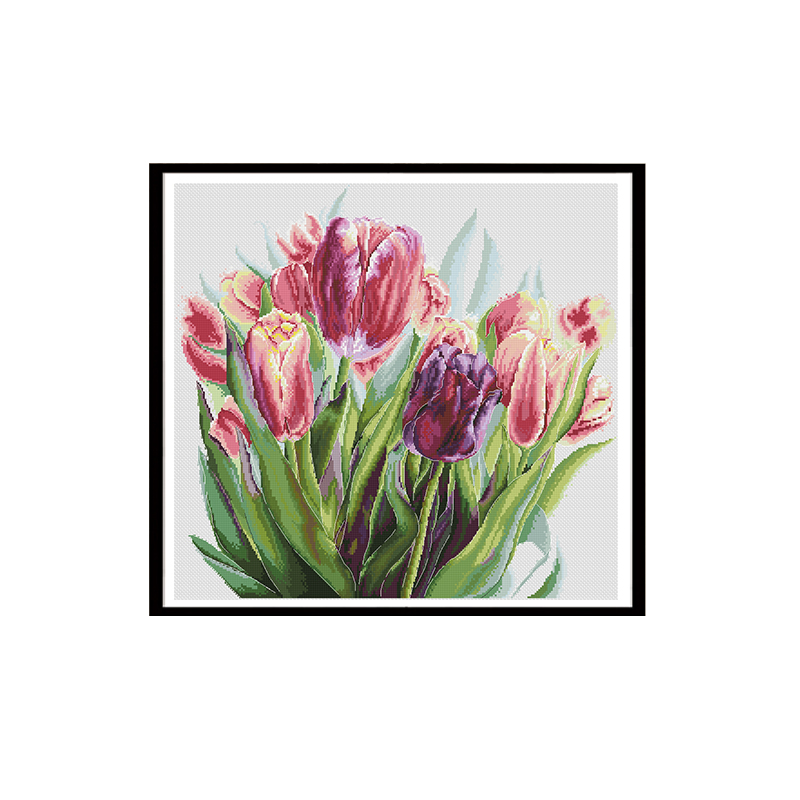 Calmhoop Cross Stitch Kit – Watercolor Tulips | 71x67cm, 61 Thread Colors