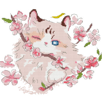 Calmhoop Cross Stitch Kit – Peach Blossom Cat | 20×20cm, 12 Threads