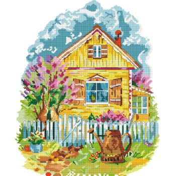 Calmhoop Cross Stitch Kit – Spring Courtyard | Large Canvas | 40-Color Threads | HD Printed