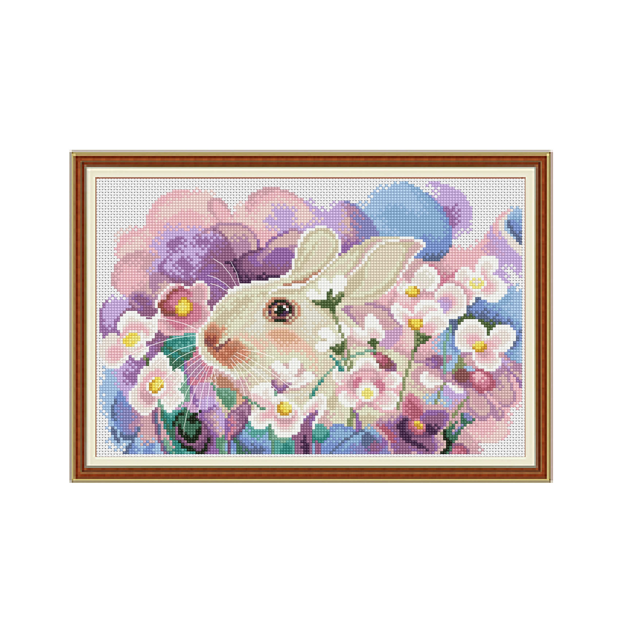 Calmhoop Floral Bunny Cross Stitch Kit, 48×37cm, 45 Colors, Printed Canvas