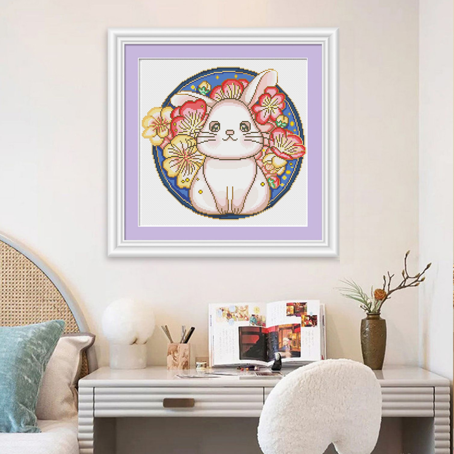 Calmhoop Cross Stitch Kit – Sakura Rabbit | 60×60cm, 26 Threads